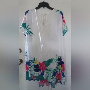 Cacique White Floral Swim Coverup with Pink, Blue, Green Accents